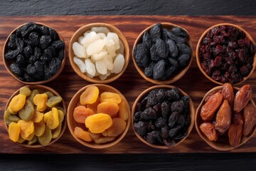 Obraz premium Wooden bowls overflowing with colorful dried fruits on rustic board