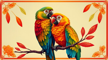 Fototapeta premium parrot, feathers ,wedding card design, royal India