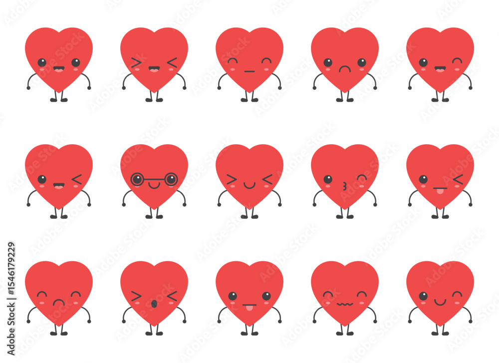 Poster a collection of cartoon heart characters with different expressions and emotions on a white backgrou