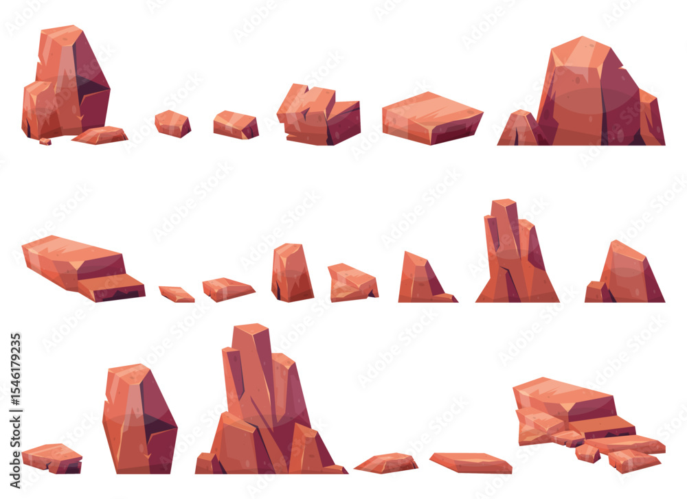 Poster a set of cartoon-styled rock formations in multiple sizes and shapes. they are designed with angular