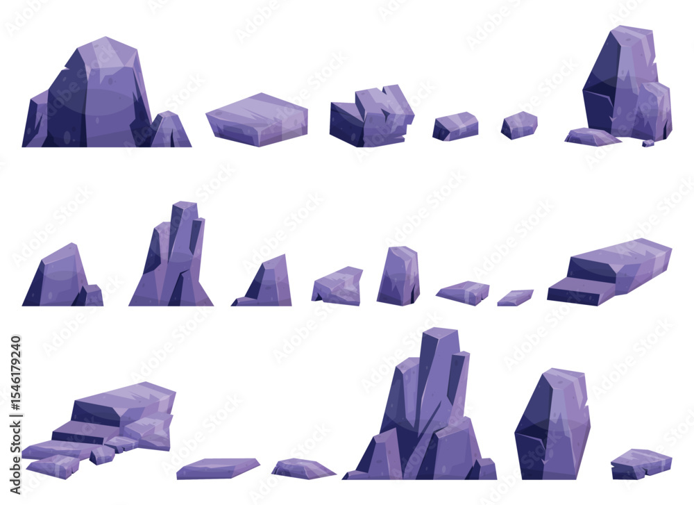 Poster an array of stylized purple and blue rock formations. the stones vary in shape and size, offering a 