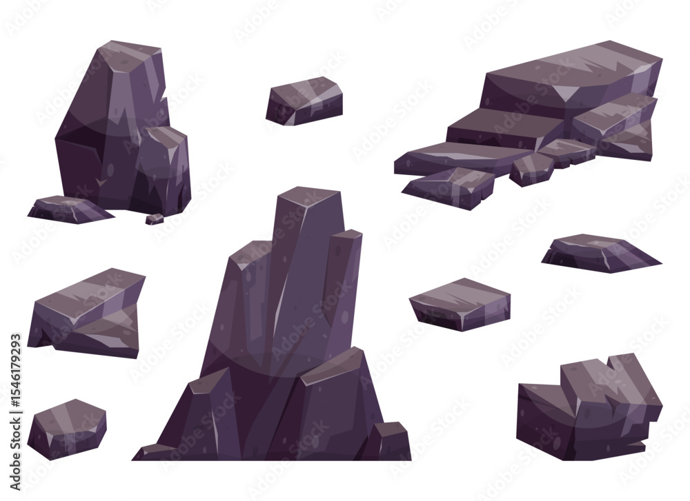 Poster this image features a collection of cartoon-styled rocks. the rocks vary in size and shape. they are