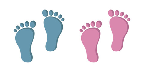 Two pairs of cartoon baby footprints are arranged on a white background. One pair is colored pink, while the other is blue. The image evokes gender reveal theme.
