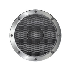 A circular audio speaker featuring a fine mesh cover set within a metal frame. Fasteners secure the frame, highlighting the speaker's design and functionality. The image evokes sound.