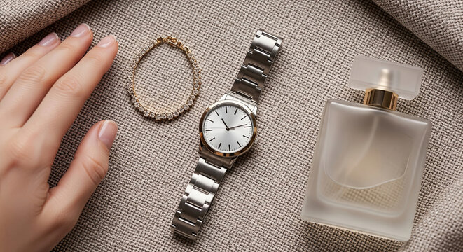Accessories flat lay featuring watch bracelet and perfume - Powered by Adobe