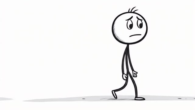 Sad Stickman Walking Slowly Isolated on White Background Representing Depression and Loneliness Animation Suitable for Symbolizing Melancholy Emotions