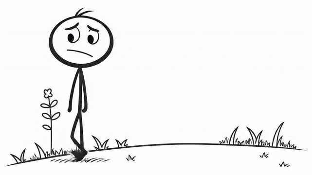 Sad Stickman Walking on Grassy Field Holding Flower in Black and White Animation Style Isolated