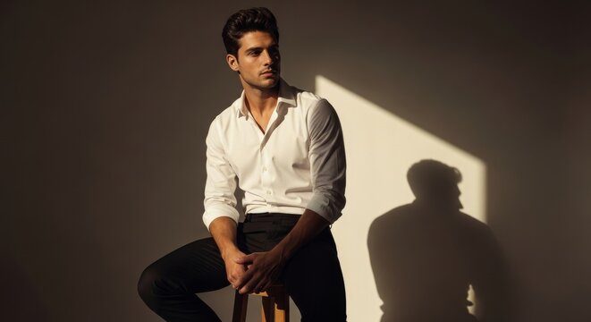 Man posing in white shirt with shadow on the wall behind