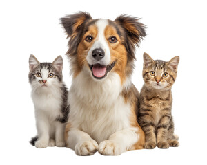 Friendship between cats and dogs, 
A dog and two cats, cute pet animals sitting together isolated on a transparent background