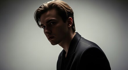 Obraz premium Portrait of a young man in a dark suit looking sideways