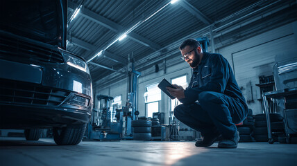 Obraz premium 最新技術で車両診断を行う整備士