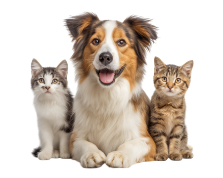 Friendship between cats and dogs, 
A dog and two cats, cute pet animals sitting together isolated on a transparent background