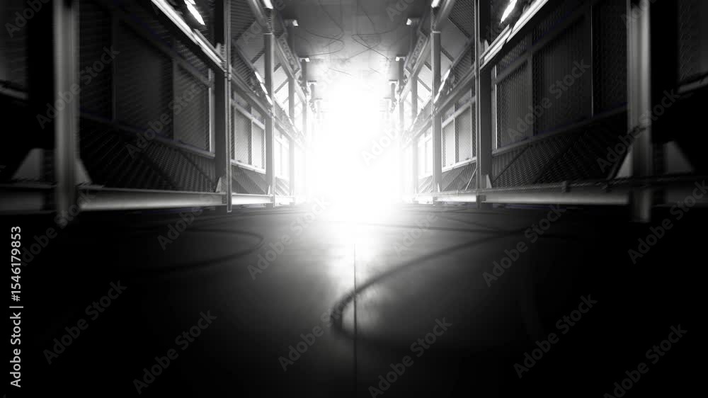 Poster seamless animation. futuristic technology tunnel. spaceship tunnel. futuristic podium. garage. hanga