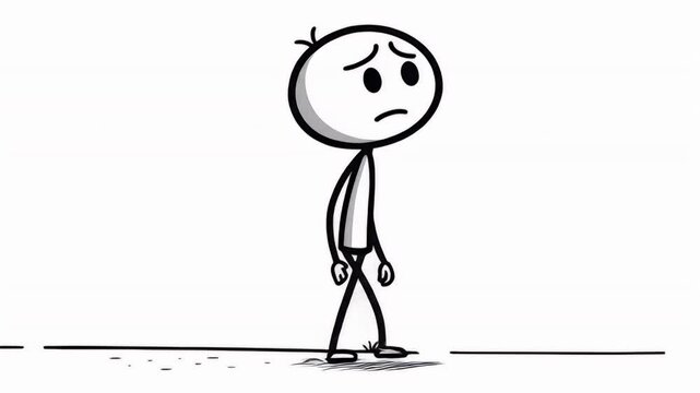 Sad Stickman Walks Slowly With Glum Expression On Clean White Backdrop Seamless Loop For Sadness Depression Or Disappointment