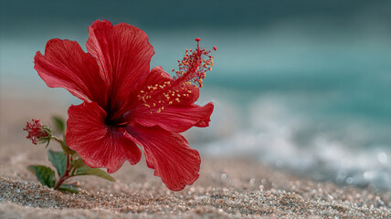 Vibrant red hibiscus flower growing on a sandy beach with ocean background