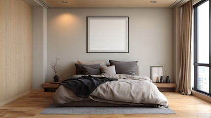 Large bed in a beige bedroom that has a horizontal poster hanging over it and a big window, an angle, a mockup