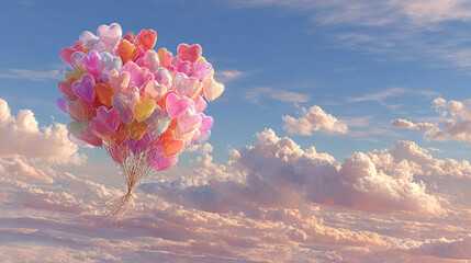 Heart Balloons in The Sky: A mesmerizing spectacle of heart-shaped balloons ascends gracefully through the sky, soaring above a sea of fluffy clouds in a celebration of love and joy.
