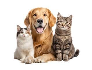 Adorable Friendship between cats and dogs, 
A dog and two cats, cute pet animals sitting together isolated on a transparent background