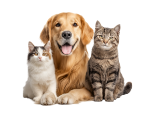 Adorable Friendship between cats and dogs, 
A dog and two cats, cute pet animals sitting together isolated on a transparent background