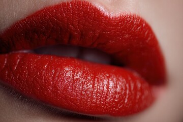 Obraz premium Woman wearing glossy red lipstick showing lip texture