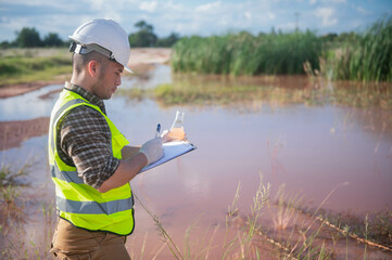 An environmental expert is collecting water samples from a natural pond to test the ecosystem for...