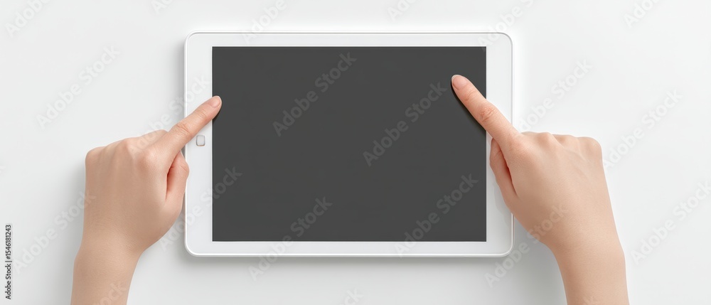 Poster interactive touchscreen tablet usage modern workspace digital technology minimalist environment clos