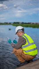 An environmental expert is examining the aquatic life in a treatment pond.