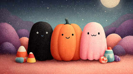 Cute Halloween Trio: Spooky-cute ghosts and a friendly pumpkin celebrate Halloween night under a whimsical full moon.