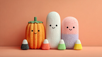 Happy Halloween Treats: Cute cartoon pumpkin, ghost, and candy characters smile cheerfully together, surrounded by candy corn, creating a festive Halloween scene.