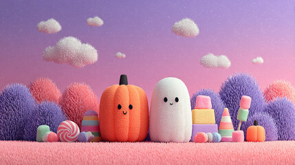 Halloween Fun: A whimsical Halloween scene unfolds with charming cartoonish elements including pumpkin and ghost. The scene is playful and festive.