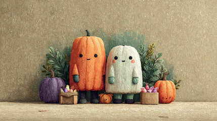 Spooky Season Fun: Two friendly halloween characters, a pumpkin and a ghost, are surrounded by spooky autumn-themed decorations and create a heartwarming atmosphere.