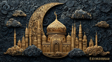 Islamic architecture artwork: This image showcases intricate Islamic architecture under a crescent moon, featuring detailed building designs with decorative patterns.