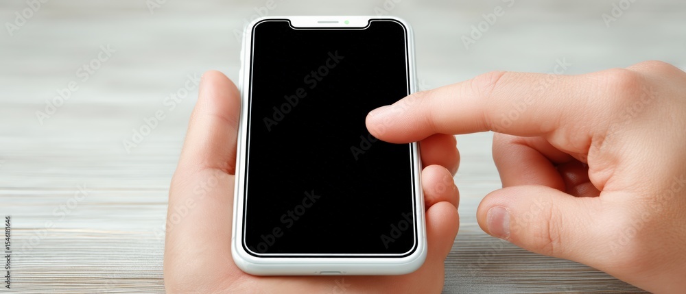 Poster user interaction with smartphone home office digital technology indoor setting close-up view connect
