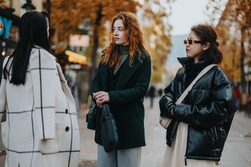 Three stylish individuals are engaged in a casual yet animated conversation on a city street...