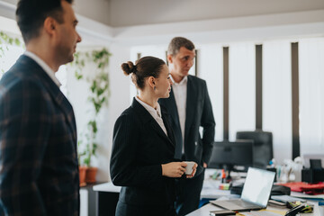 A group of business people engaged in a discussion within an office environment, exhibiting...
