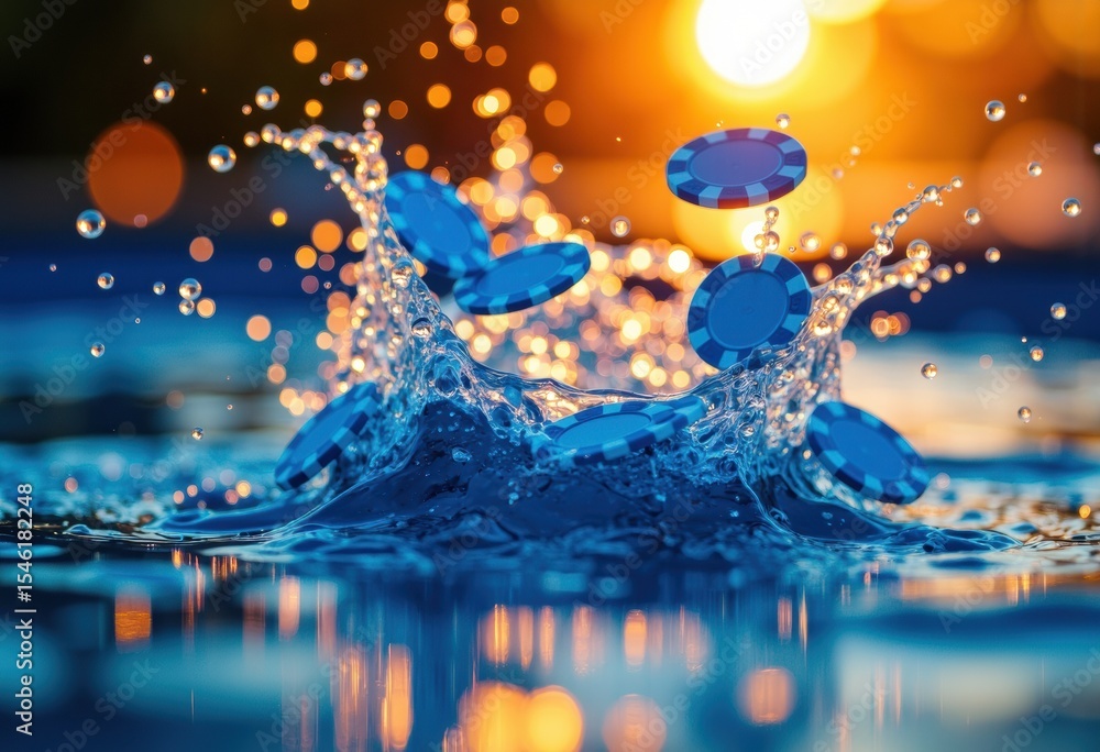 Poster blue coins splash into water with a vibrant sunset in the background, creating a dynamic and colorfu