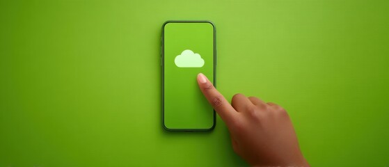 Cloud storage action on smartphone digital environment technology concept user-friendly interface green background