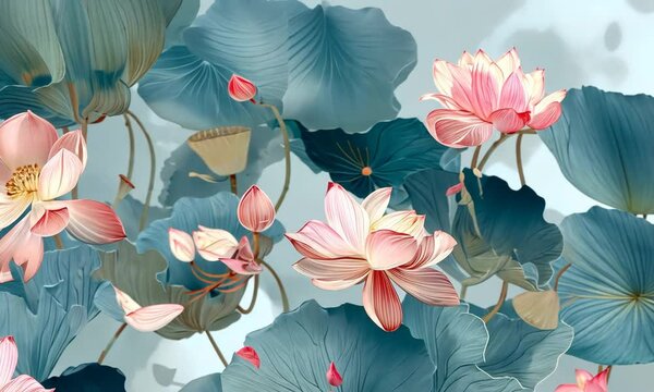 Seamless elegant lotus flower pattern in pastel tones for fabric wallpaper and wrapping design