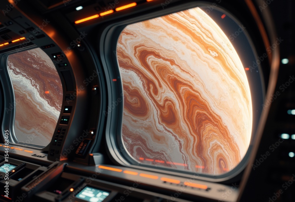 Poster view of a distant planet with swirling orange and cream-colored clouds seen from a spaceship window