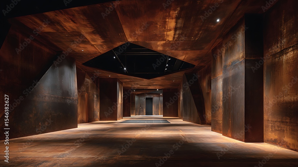Poster nighttime an architecturally abstract room with rusted metal sheets illuminated