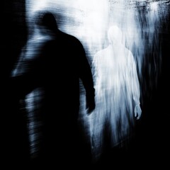 Mysterious figures in a shadowy setting at night