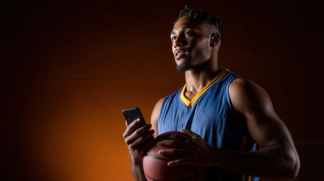 Basketball player using smartphone and holding ball in brown background