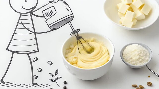Stick Figure Blending Ingredients with Electric Mixer Amidst Butter and Cheese Cubes on White Surface