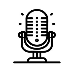 Minimalist black and white line art of a vintage microphone representing audio recording and podcasting