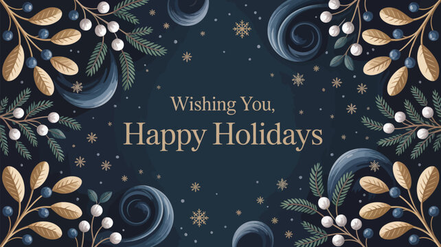 elegant holiday greeting card with gold text, festive foliage, stars, and swirls on dark background, perfect for seasonal celebrations