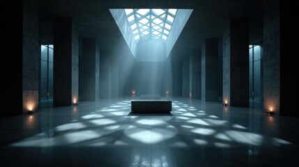 Abstract temple interior with concrete pillars and skylight casting geometric shadows — ideal for sci-fi scenes, architectural concept art and moody design backdrops