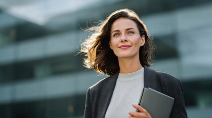 Portrait of a confident businesswoman holding a digital tablet outdoors with wind in her hair standing against modern office building background ideal for corporate success and leadership themes