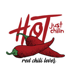 Playful design of two red hot chilies for t shirt print, poster, sticker, background and other uses. Red spicy chili artwork. Chili love club. Always fresh spicy graphic print design