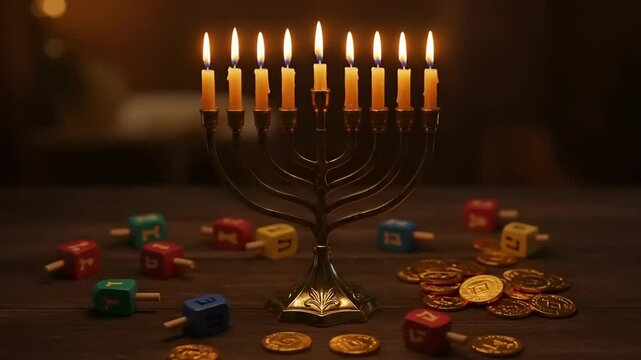 Menorah with lit candles surrounded by dreidels and chocolate coins on a festive table setting