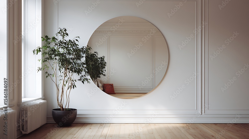 Poster rounded mirror hanging on a wall in a minimalistic interior design composition